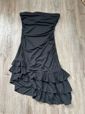 Express Vintage Strapless Black Asymmetrical Ruffle Dress Y2K
